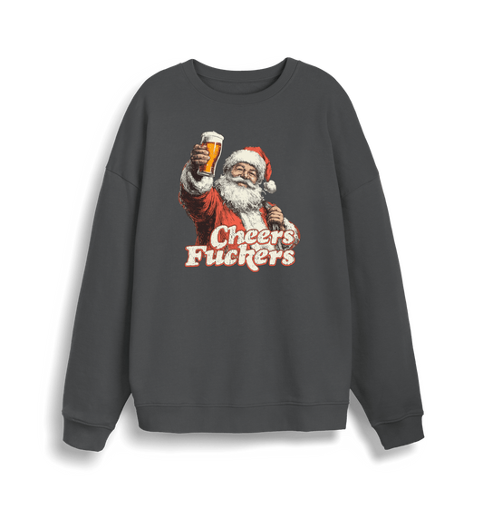 grey christmas sweater with the graphic of santa raising a pint and the slogan 'cheers fuckers'