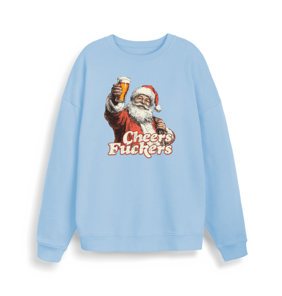 light blue christmas sweater with the graphic of santa raising a pint and the slogan 'cheers fuckers'