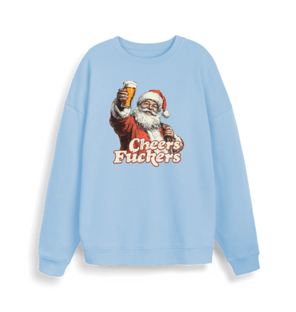 light blue christmas sweater with the graphic of santa raising a pint and the slogan 'cheers fuckers'