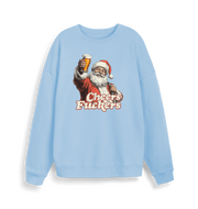 light blue christmas sweater with the graphic of santa raising a pint and the slogan 'cheers fuckers'