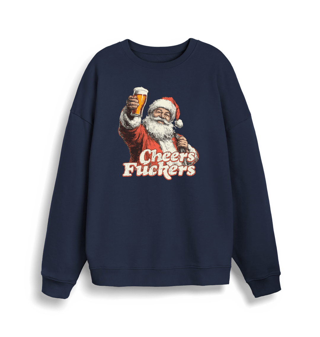 navy christmas sweater with the graphic of santa raising a pint and the slogan 'cheers fuckers'