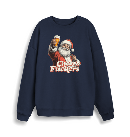 navy christmas sweater with the graphic of santa raising a pint and the slogan 'cheers fuckers'