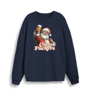 navy christmas sweater with the graphic of santa raising a pint and the slogan 'cheers fuckers'