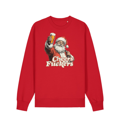 red christmas sweater with the graphic of santa raising a pint and the slogan 'cheers fuckers'