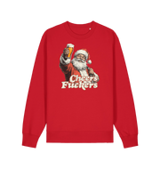 red christmas sweater with the graphic of santa raising a pint and the slogan 'cheers fuckers'