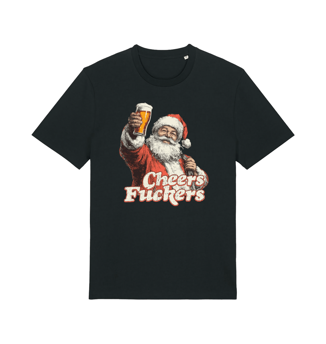 black christmas t-shirt with the graphic of santa raising a pint and the slogan 'cheers fuckers'