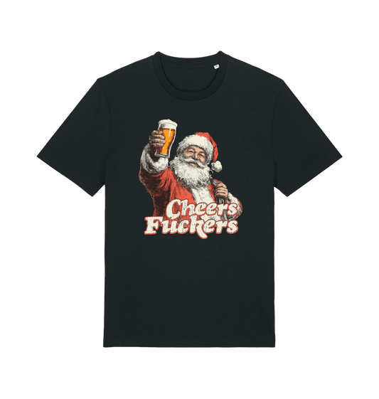 black christmas t-shirt with the graphic of santa raising a pint and the slogan 'cheers fuckers'