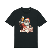 black christmas t-shirt with the graphic of santa raising a pint and the slogan 'cheers fuckers'