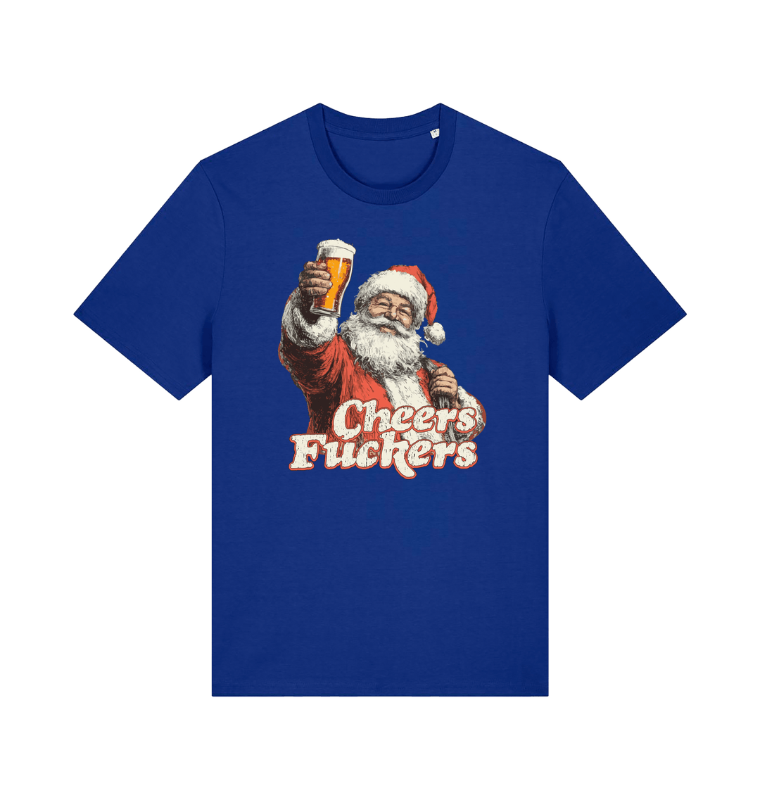 blue christmas t-shirt with the graphic of santa raising a pint and the slogan 'cheers fuckers'