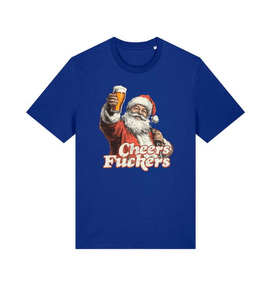 blue christmas t-shirt with the graphic of santa raising a pint and the slogan 'cheers fuckers'