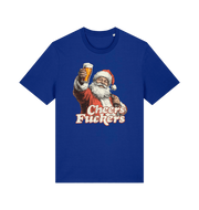 blue christmas t-shirt with the graphic of santa raising a pint and the slogan 'cheers fuckers'