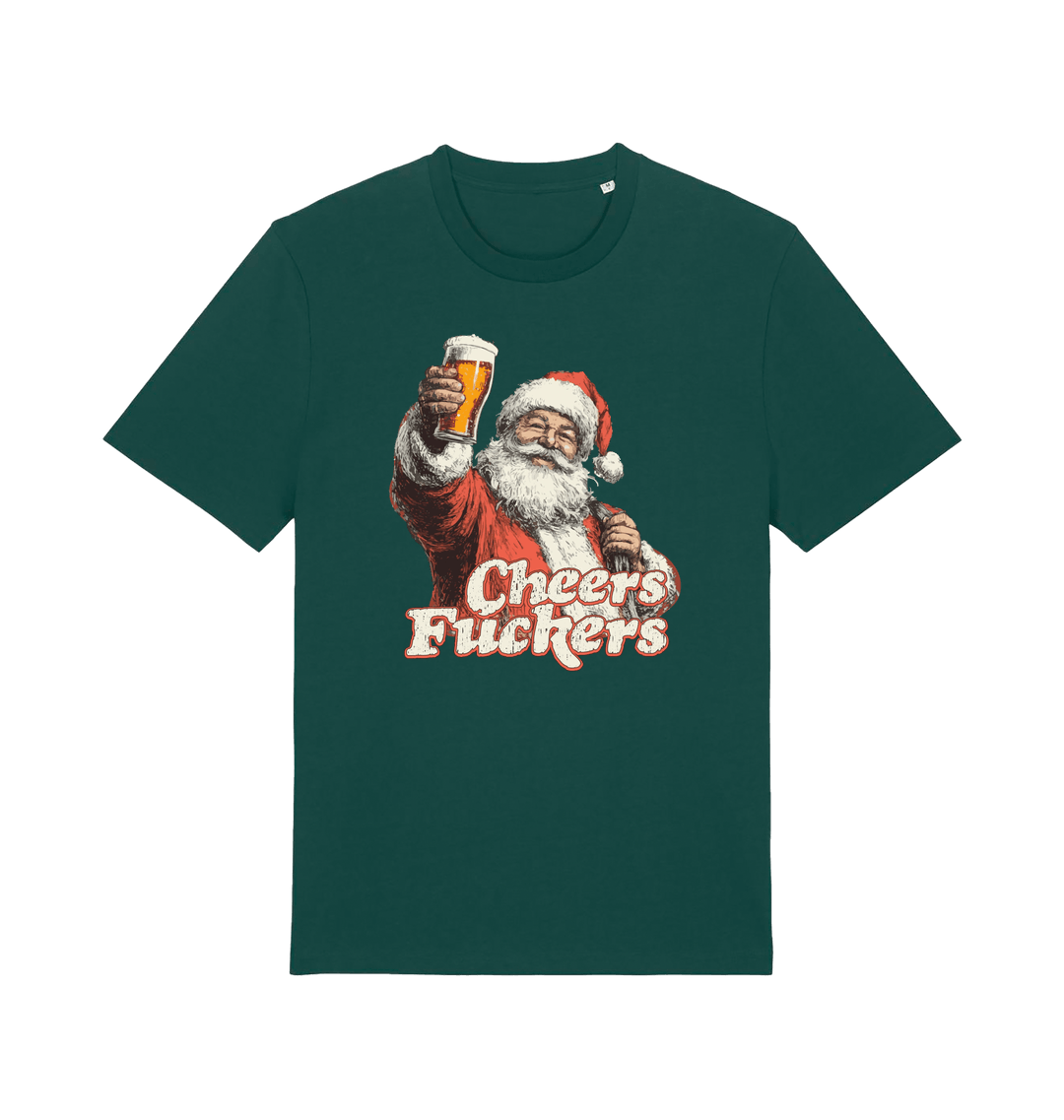green christmas t-shirt with the graphic of santa raising a pint and the slogan 'cheers fuckers'