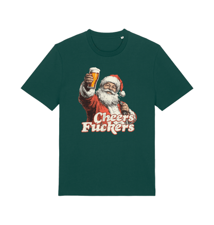 green christmas t-shirt with the graphic of santa raising a pint and the slogan 'cheers fuckers'