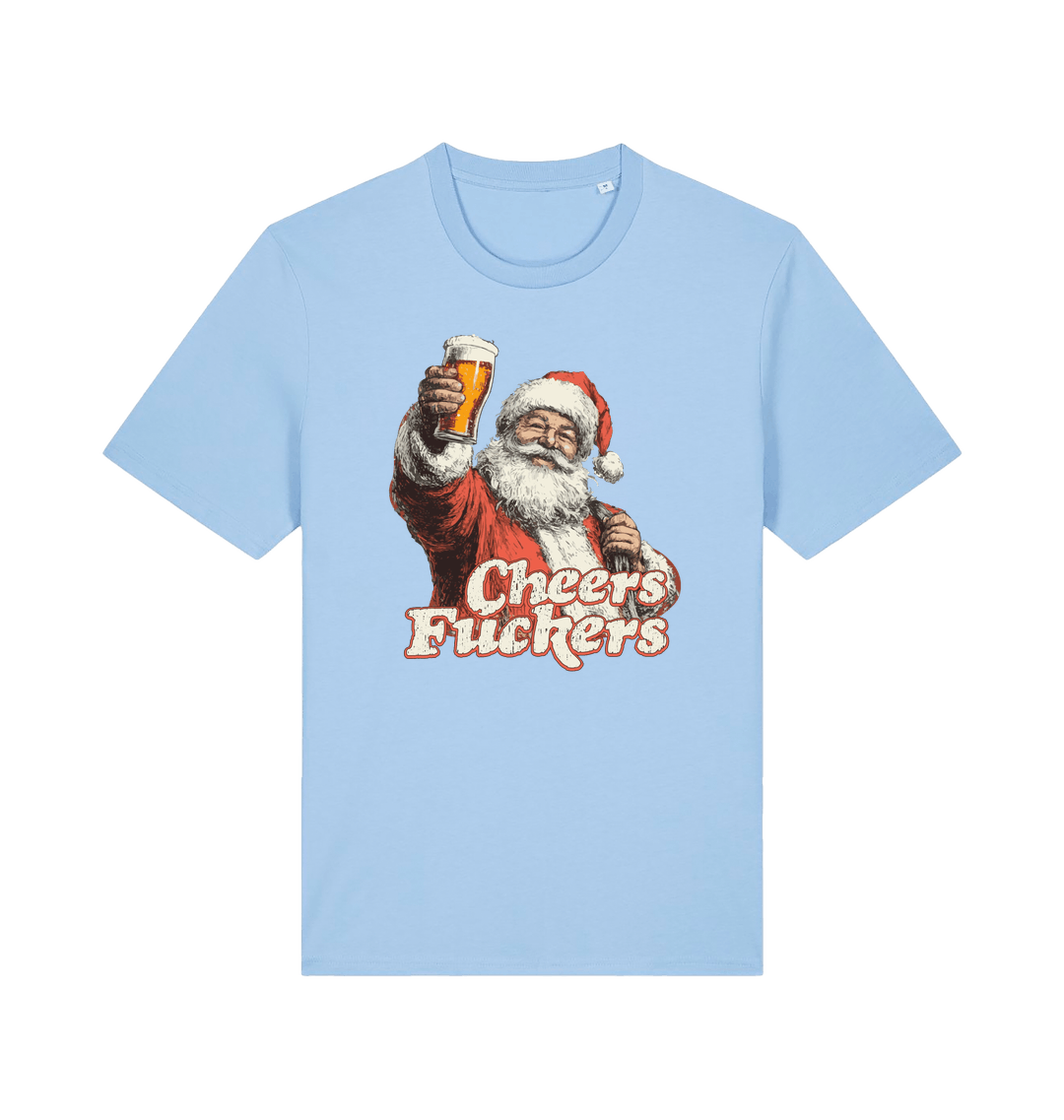 light blue christmas t-shirt with the graphic of santa raising a pint and the slogan 'cheers fuckers'
