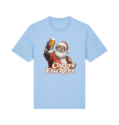 light blue christmas t-shirt with the graphic of santa raising a pint and the slogan 'cheers fuckers'