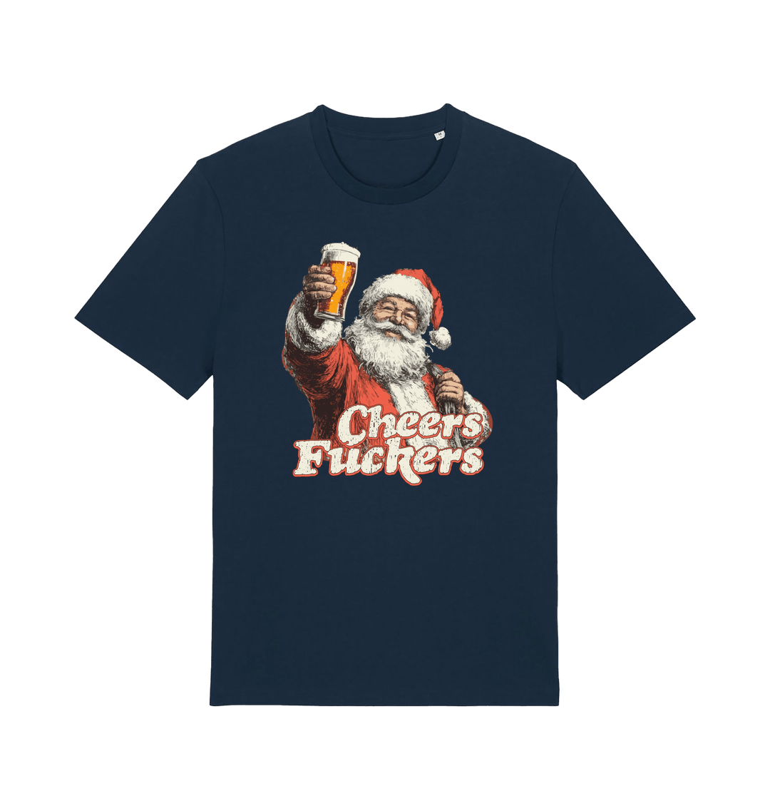 navy christmas t-shirt with the graphic of santa raising a pint and the slogan 'cheers fuckers'