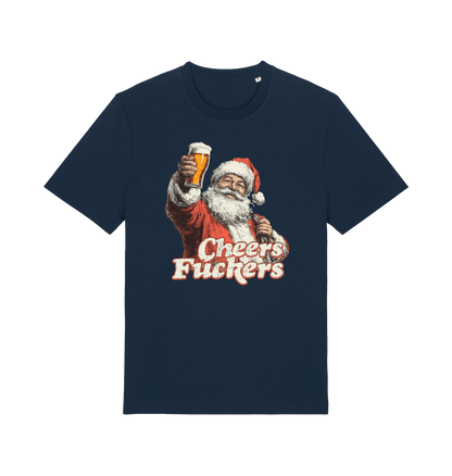 navy christmas t-shirt with the graphic of santa raising a pint and the slogan 'cheers fuckers'