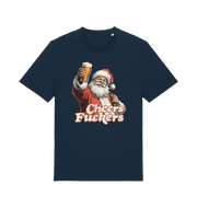 navy christmas t-shirt with the graphic of santa raising a pint and the slogan 'cheers fuckers'