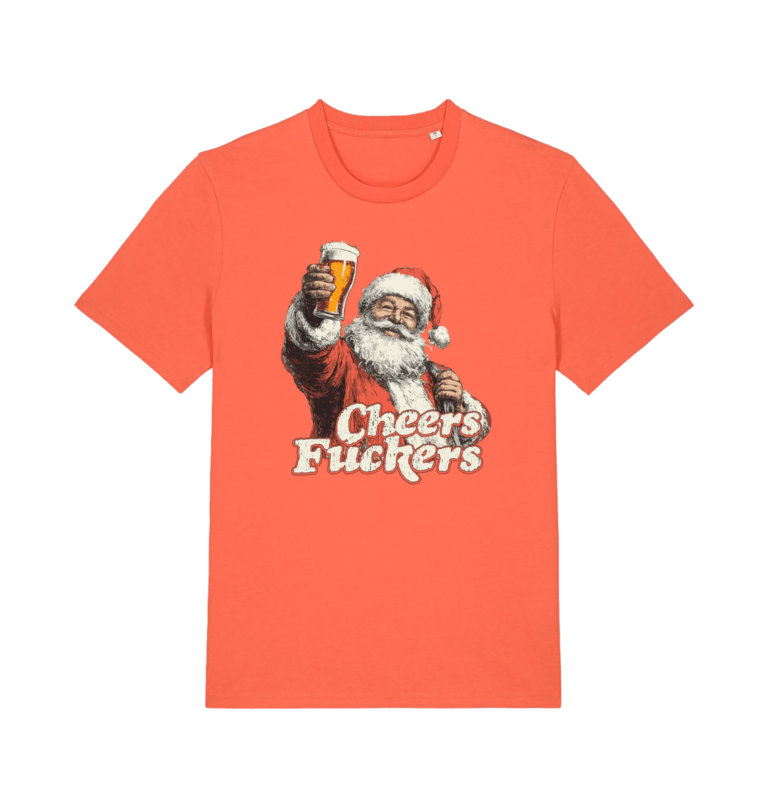 orange christmas t-shirt with the graphic of santa raising a pint and the slogan 'cheers fuckers'