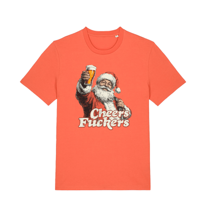 orange christmas t-shirt with the graphic of santa raising a pint and the slogan 'cheers fuckers'