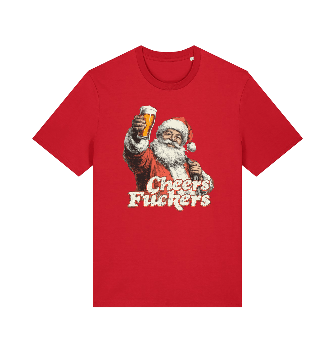 red christmas t-shirt with the graphic of santa raising a pint and the slogan 'cheers fuckers'