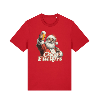 red christmas t-shirt with the graphic of santa raising a pint and the slogan 'cheers fuckers'