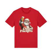 red christmas t-shirt with the graphic of santa raising a pint and the slogan 'cheers fuckers'