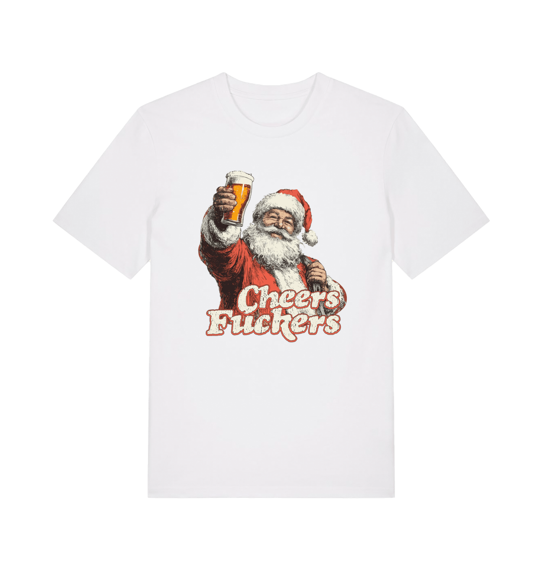 white christmas t-shirt with the graphic of santa raising a pint and the slogan 'cheers fuckers'