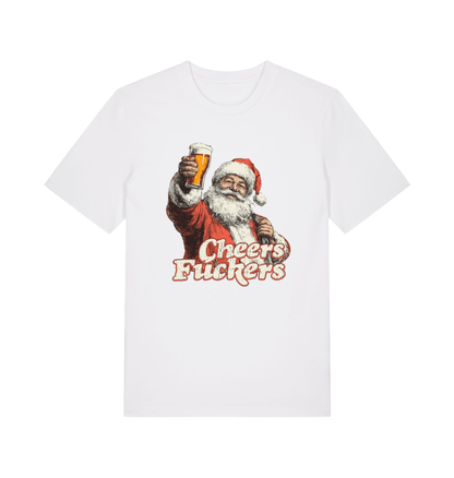 white christmas t-shirt with the graphic of santa raising a pint and the slogan 'cheers fuckers'