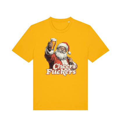 yellow christmas t-shirt with the graphic of santa raising a pint and the slogan 'cheers fuckers'