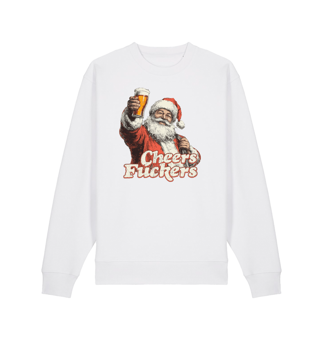 white christmas sweater with the graphic of santa raising a pint and the slogan 'cheers fuckers'