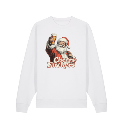 white christmas sweater with the graphic of santa raising a pint and the slogan 'cheers fuckers'