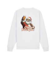 white christmas sweater with the graphic of santa raising a pint and the slogan 'cheers fuckers'