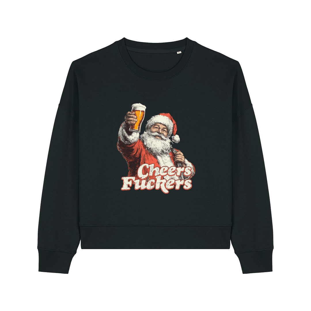 black christmas sweater with a graphic of santa raising a pint and the slogan 'cheers fuckers'