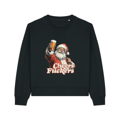 black christmas sweater with a graphic of santa raising a pint and the slogan 'cheers fuckers'