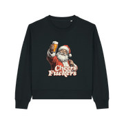 black christmas sweater with a graphic of santa raising a pint and the slogan 'cheers fuckers'