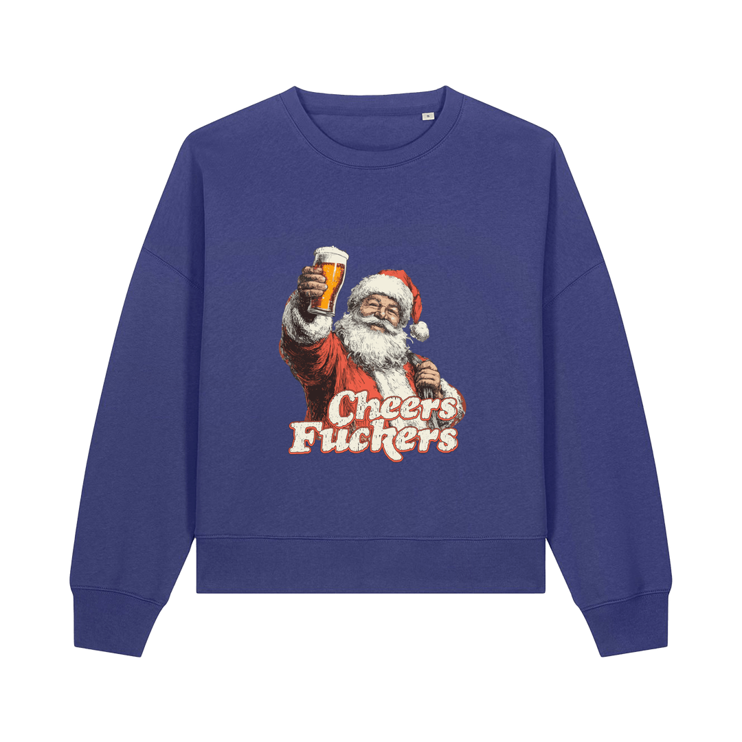 blue christmas sweater with a graphic of santa raising a pint and the slogan 'cheers fuckers'