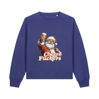 blue christmas sweater with a graphic of santa raising a pint and the slogan 'cheers fuckers'