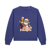 blue christmas sweater with a graphic of santa raising a pint and the slogan 'cheers fuckers'