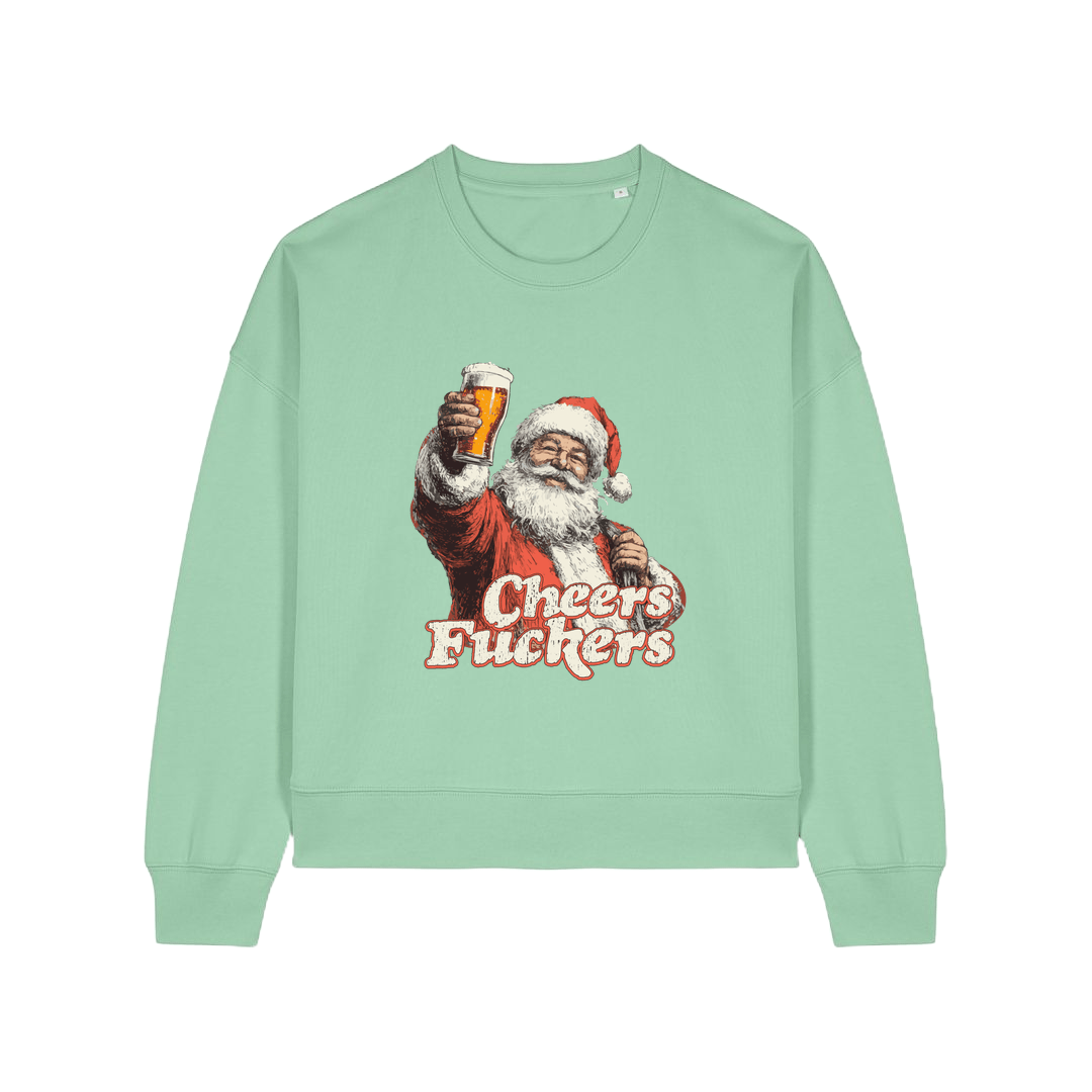 green christmas sweater with a graphic of santa raising a pint and the slogan 'cheers fuckers'