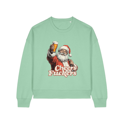 green christmas sweater with a graphic of santa raising a pint and the slogan 'cheers fuckers'