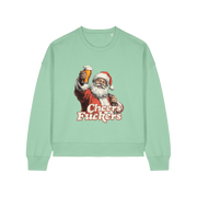green christmas sweater with a graphic of santa raising a pint and the slogan 'cheers fuckers'