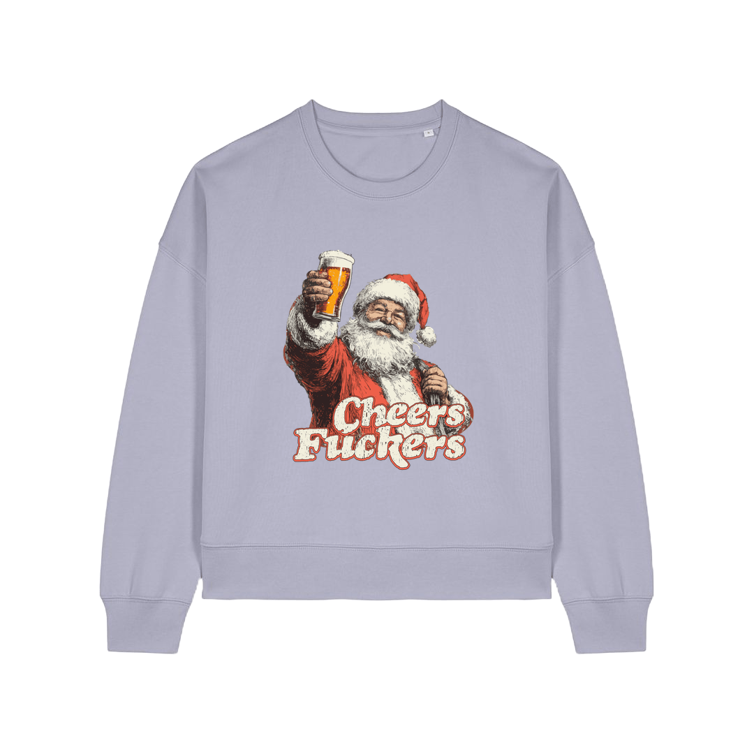 lavender christmas sweater with a graphic of santa raising a pint and the slogan 'cheers fuckers'