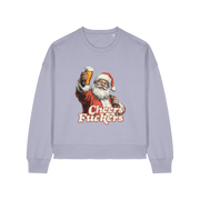 lavender christmas sweater with a graphic of santa raising a pint and the slogan 'cheers fuckers'