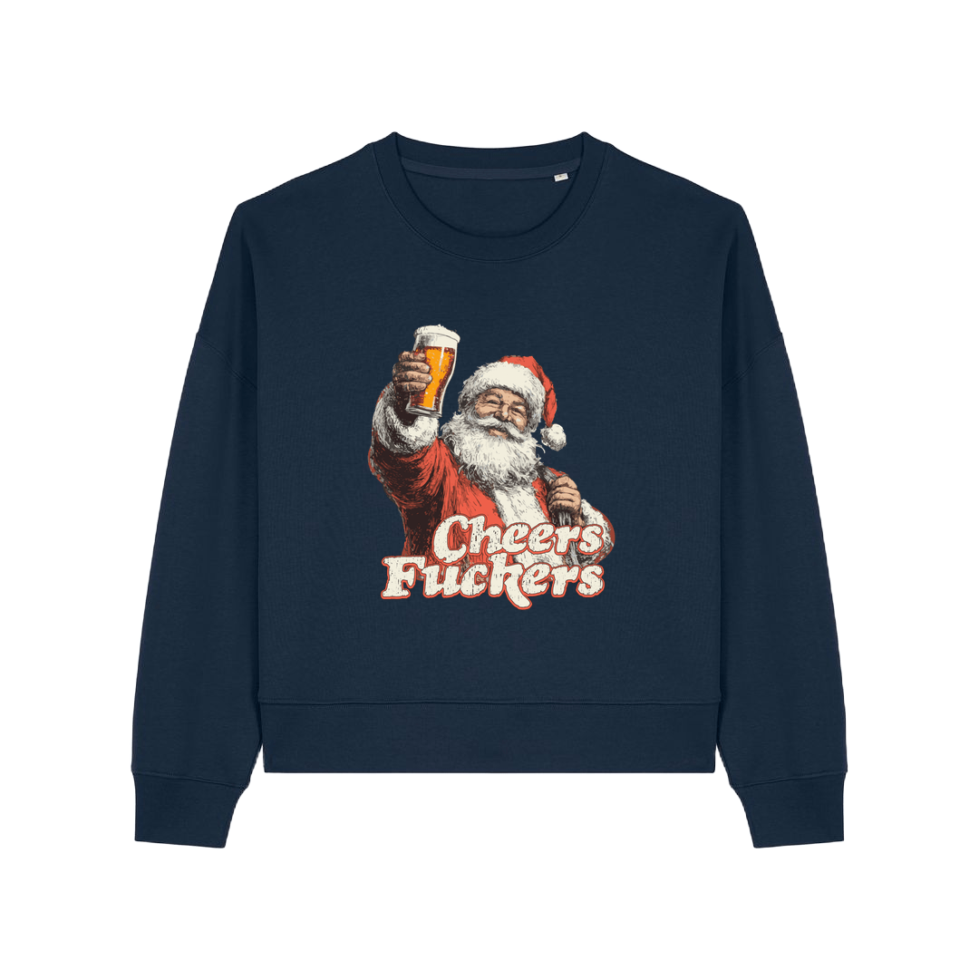 navy christmas sweater with a graphic of santa raising a pint and the slogan 'cheers fuckers'
