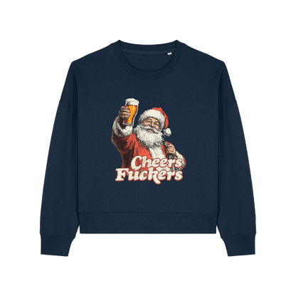 navy christmas sweater with a graphic of santa raising a pint and the slogan 'cheers fuckers'