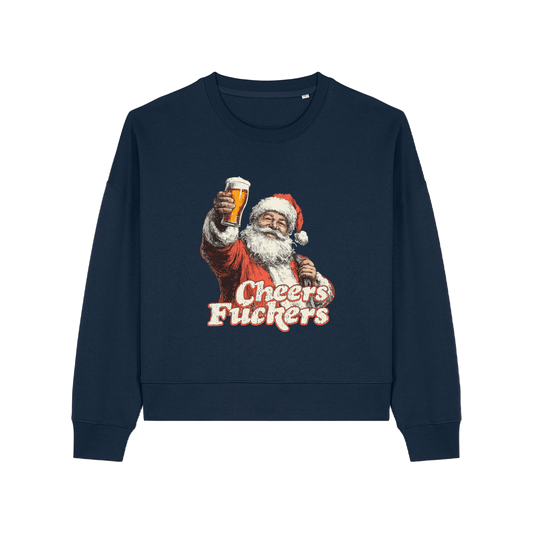 navy christmas sweater with a graphic of santa raising a pint and the slogan 'cheers fuckers'