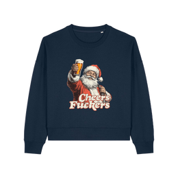 navy christmas sweater with a graphic of santa raising a pint and the slogan 'cheers fuckers'