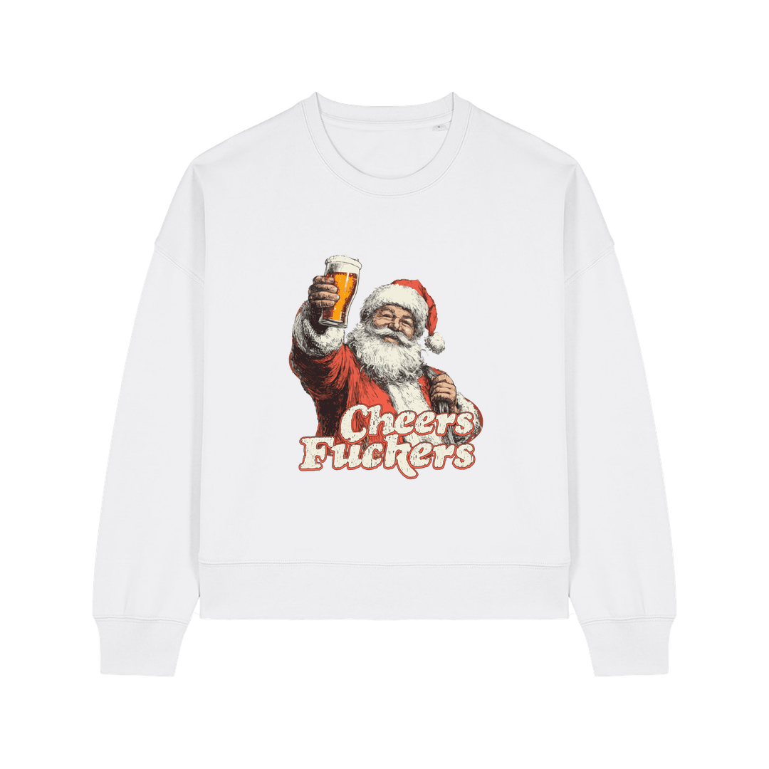 white christmas sweater with a graphic of santa raising a pint and the slogan 'cheers fuckers'