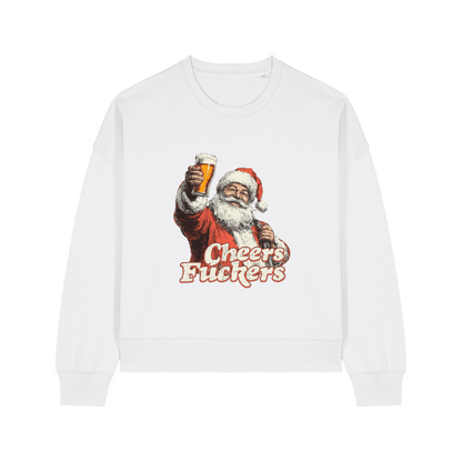 white christmas sweater with a graphic of santa raising a pint and the slogan 'cheers fuckers'
